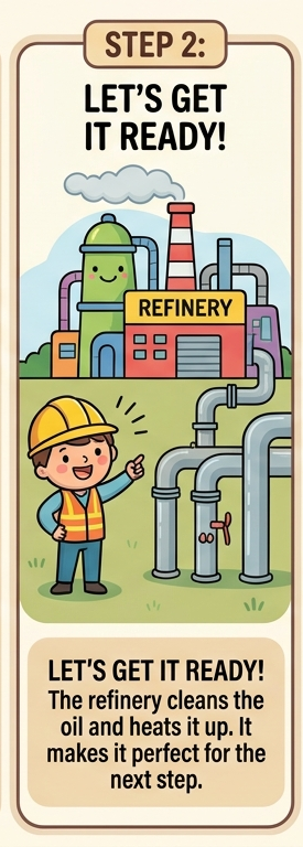 Step 2 image showing oil being cleaned at a refinery